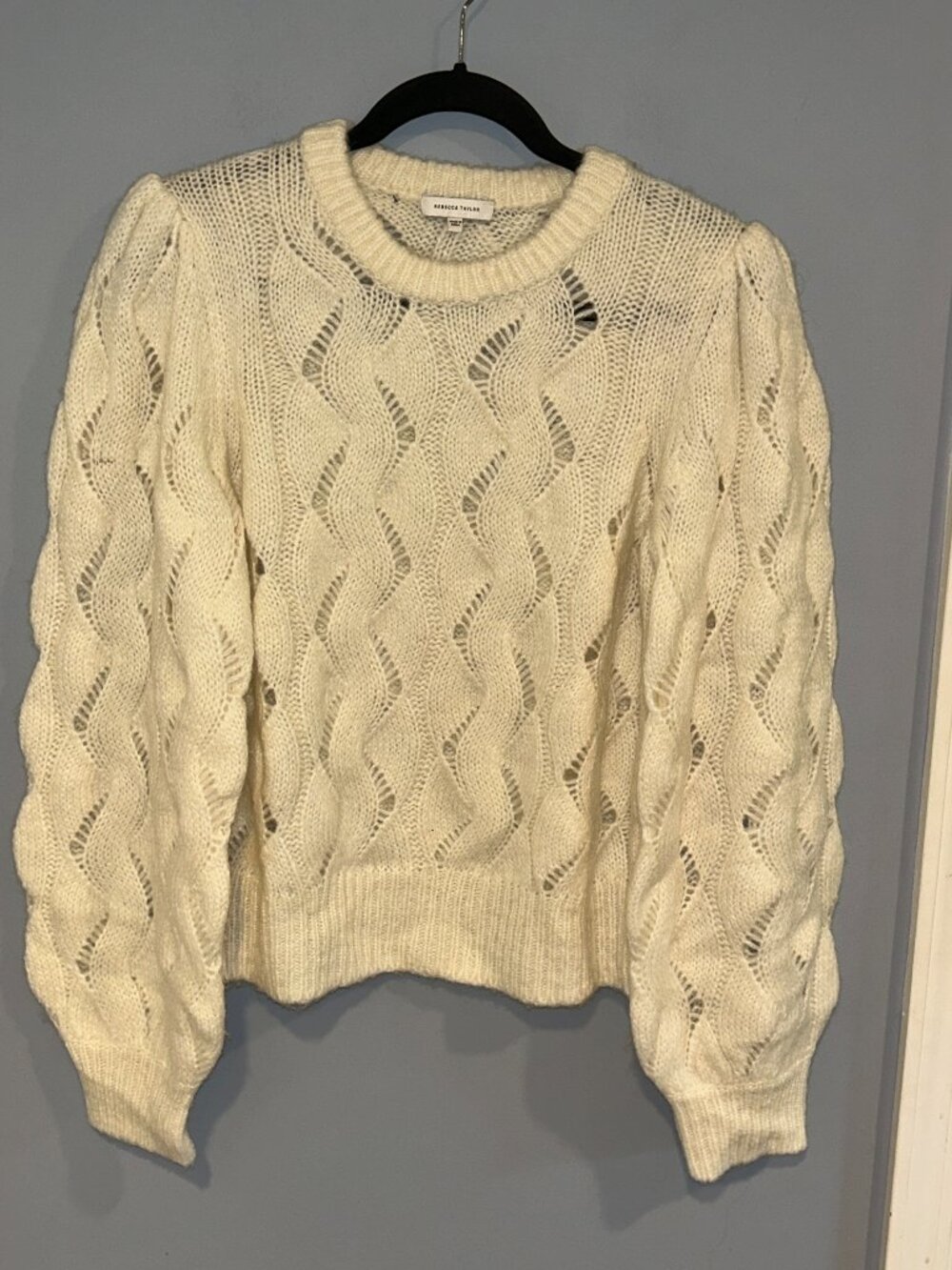 Rebecca Taylor Ivory Sweater XL, Open Cable Knit, puff sleeve